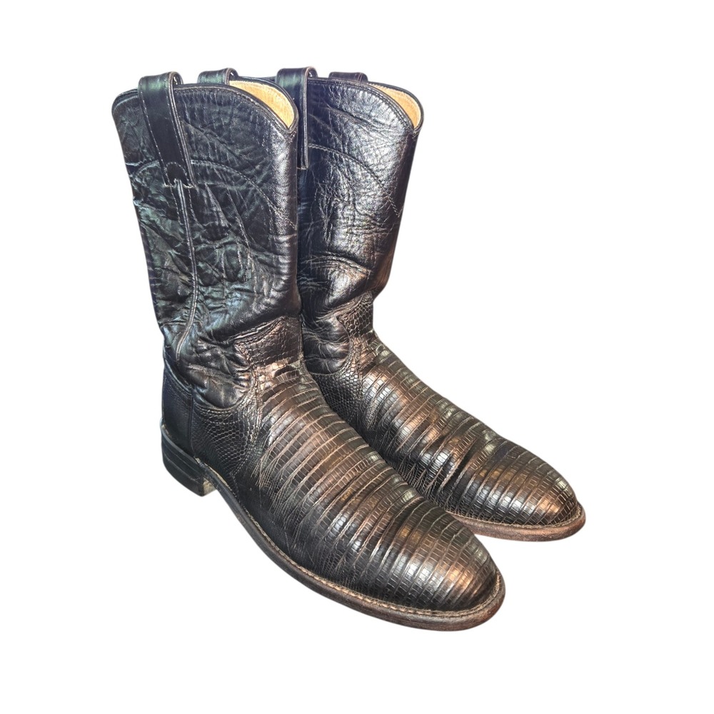 Justin Cowboy Boots Womens 6.5B Black Lizard Leather VTG Y2K L3733 Western Roper